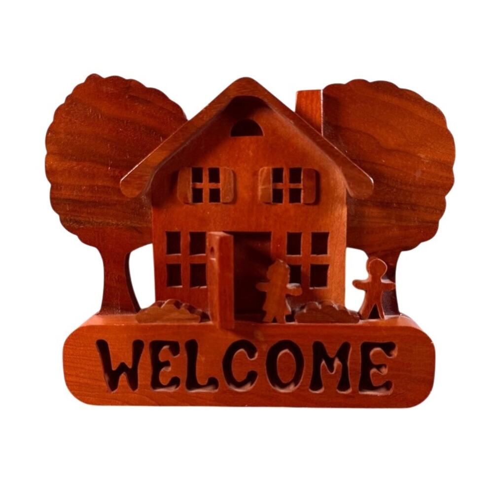 Vintage Signed John B McCauley Handcarved Wooden Welcome Sign Folk Art